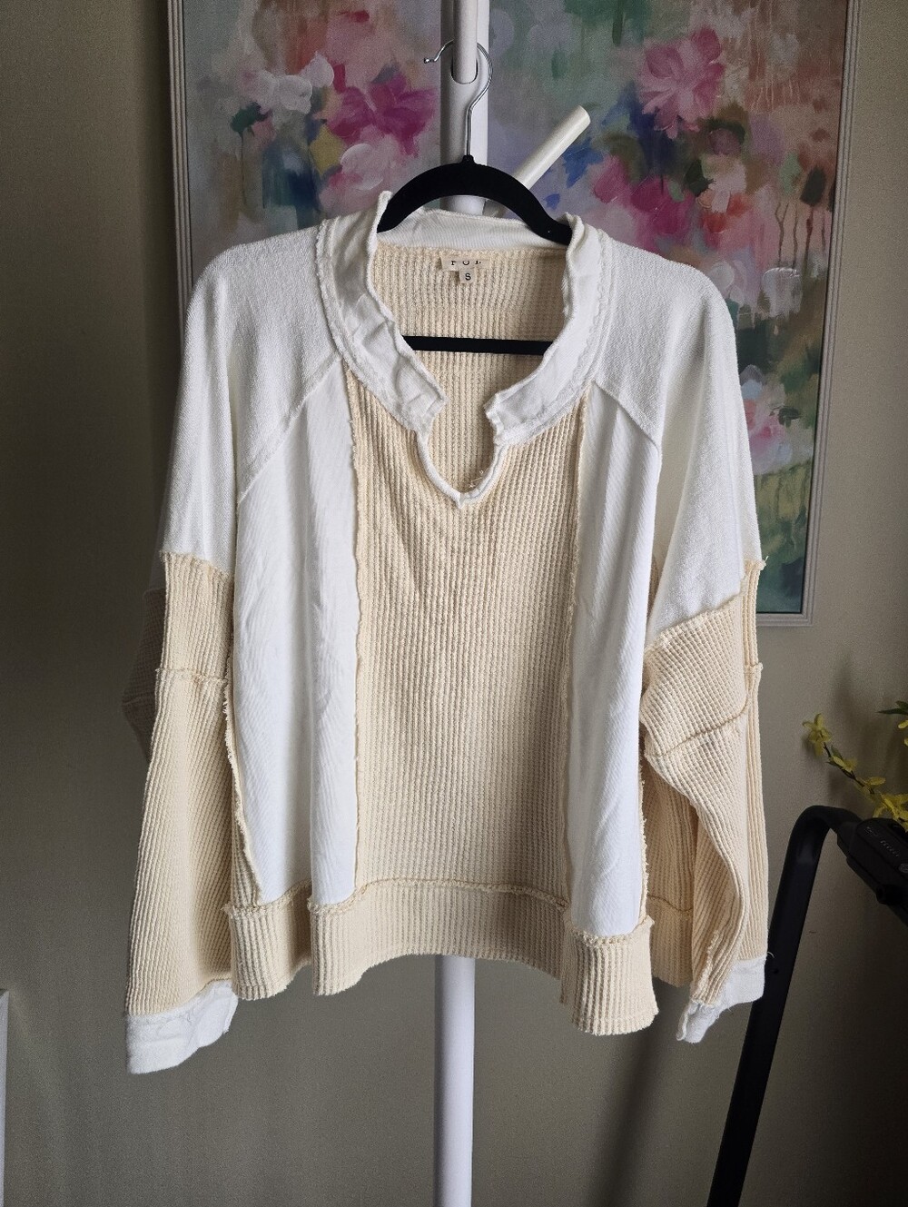 POL Oversized Patchwork Waffle Knit Raw Seam Top Small NWOT - Picture 3 of 7